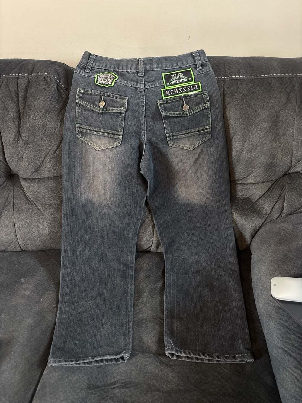 Red Ape Authentic MCMXXXIII Black Wash Cargo Flap Pocket Jeans Size 16